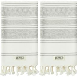 DEMMEX Certified Organic & OEKO-TEX Turkish Cotton Hand Towels - Set of 2, Quick Dry, Absorbent for Bathroom, Kitchen, Travel – Soft Diamond Weave, Prewashed, 45X90cm (Grey)