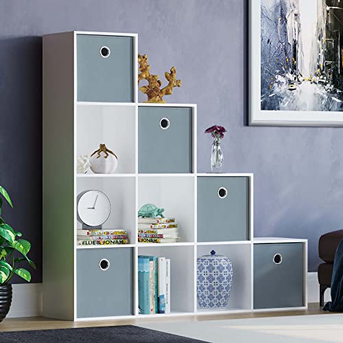 Vida Designs Durham Staircase Bookcase Shelves Storage Organiser Living Room Furniture (10 Cube & 5 Grey Baskets, White)