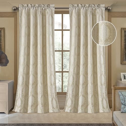 Loom and Mill Luxury Jacquard Curtains for Bedroom, Beige Damask Curtains 2 Panels with Tiebacks, Elegant Window Curtain for Living Room Holiday Banquet Decor(52???Wx 108???L, 2 Panels)