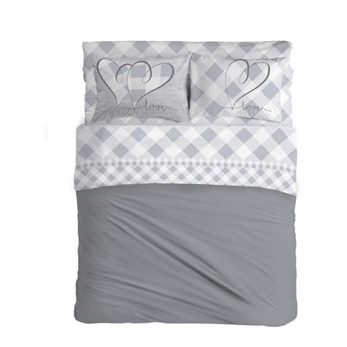 PENSIERI DELICATI Double Bed Sheet Set, 100% Cotton, 180 x 200 cm, Includes Bottom Sheet, Top Sheet and 2 Pillowcases, Made in Italy, Grey Lovely Check Pattern