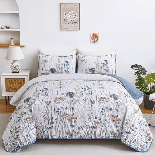 "Dobuyly Blue Quilt Queen Size Floral Botanical Queen Quilt Bedding Set 3 Pieces Soft Lightweight Microfiber Brown Flower Bedspread Coverlet Set for All Season, 96""x90"""