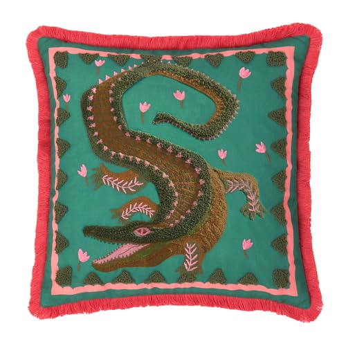 furn. Les Animaux Croc Monsieur Polyester Filled Cushion – Colourful Tufted Crocodile Fringe Trim Decorative Pillow (Teal – 45x45cm)