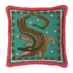 furn. Les Animaux Croc Monsieur Polyester Filled Cushion – Colourful Tufted Crocodile Fringe Trim Decorative Pillow (Teal – 45x45cm)