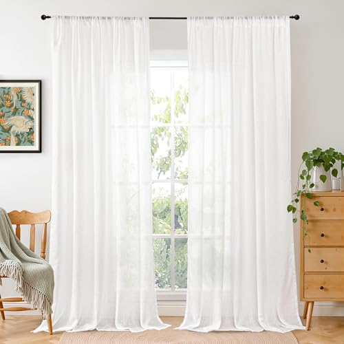 BGment White Linen Curtains 90 Inches Long for Living Room, Semi Sheer Window Drapes Lightweight Rustic Country Textured for Farmhouse Bedroom Decor with Rod Pocket, 2 Panels Set, Each 52 Inch Wide