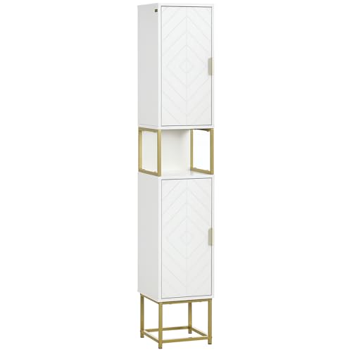 kleankin Narrow Bathroom Storage Cabinet, Freestanding Tallboy Storage Unit with Adjustable Shelf, 2 Doors and Steel Base, Slim Corner Organizer, White
