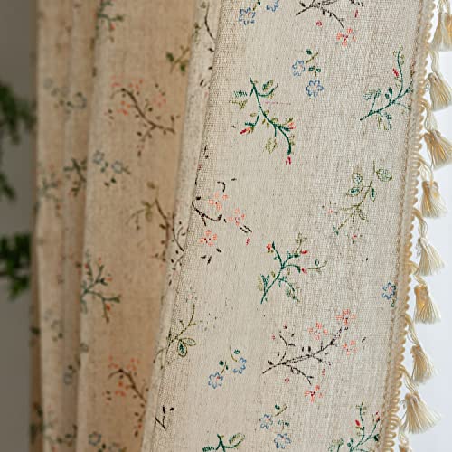 ENJOYBRIDAL Floral Farmhouse Curtains 96 Inches Long Semi-Blackout Living Room Drapes Cotton Linen Blend Bohemian Window Curtain Panels with Tassel Beige Rod Pocket Bedroom Drapes, 2 Panel