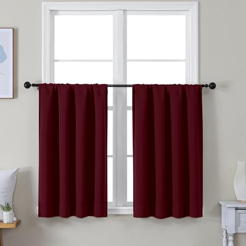 Simplebrand Ava Burgundy Short 36 Inches Blackout Curtain 2 Panels Set, Half Window Rod Pocket Privacy Curtain Tiers for Kitchen, Curtains Blackout for Bathroom Shades, W40 x L36 Inch, Burgundy