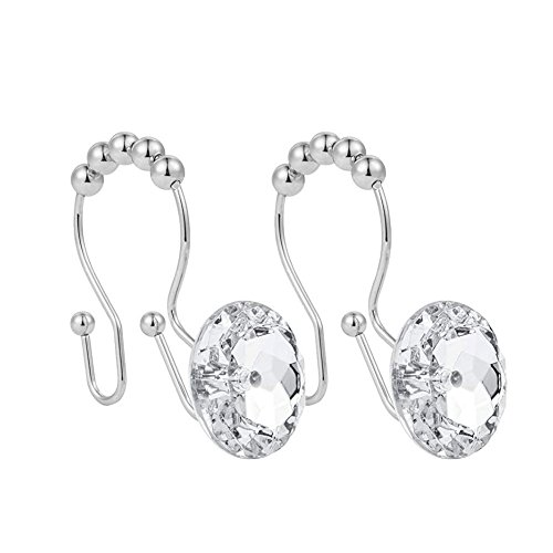 LUXURY WAY Shower Curtain Hooks???Stainless Steel Rustproof Crystal Rhinestones Gem Double Hooks 12-Pack (Rhinestone White)