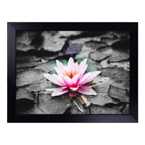 Lap Tray with Bean Bag Cushion, A Pale Pink Water Lily Art - Handmade in the UK, Raised Wooden Edge, Padded Cushion, Heat-Resistant Wipe-Clean Surface, for Meals, Laptops and Crafts