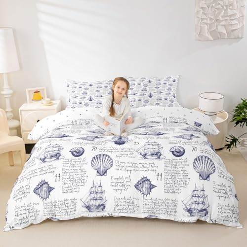 Nautical Theme Duvet Cover Set Queen Size,Sailboat Shell Print Bedding Sets 3Pcs for Kids Girls Boys Adult Room Decor,Navy Blue and White Comforter Cover Sea Coastal Quilt Cover,2 Pillowcases