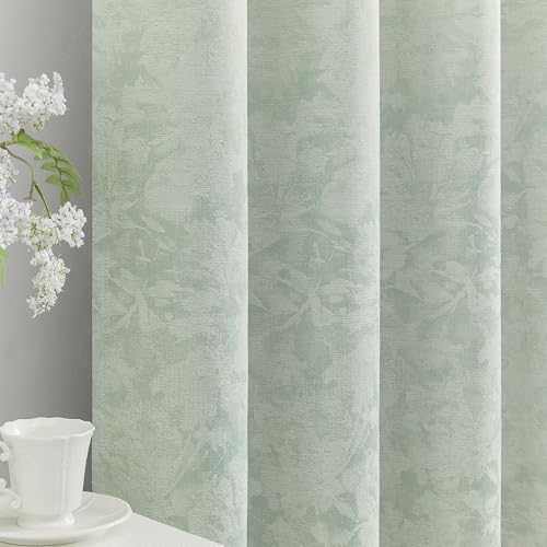 Beauoop Green Floral Jacquard Blackout Curtains 90 Inches Long 2 Panels for Bedroom Living Room Sage Flower Chenille Room Darkening Thermal Insulated Soundproof Grommet Window Treatments Drapes, 52x90