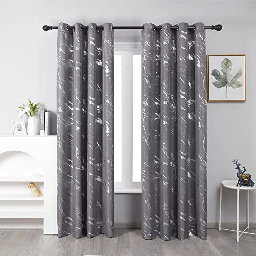 "Taisier Home Silver Foil Print Linen Textured Curtains - Geometric Marble Pattern Design for Nursery - Light Filtering Window Treatment, 2 Panels, 63"" L, Soft Grey and Silver"
