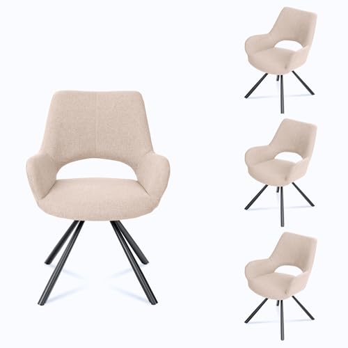 MEUBLE COSY Dining Chairs Set of 4 Fabric Upholstered Corner Armchair with Arms Backrest for Dressing Table Desk Lounge Living Room Kitchen Bedroom Home Office, Metal Legs, Beige