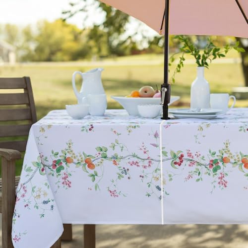 "Benson Mills Spillproof Spring/Summer Fabric Outdoor Tablecloth w/Umbrella Hole, Zippered Table Cloth for Rectangle Tables, Picnic/Patio (60"" x 84"" Rectangular w/Umbrella Hole, Flowering Orchard)"