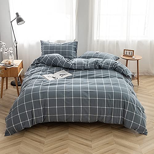 FACE TWO FACE Bedding Duvet Cover Set100% Washed Cotton Duvet Cover Linen Like Textured Breathable Durable Soft Comfy (Queen, Grey Green Grid)