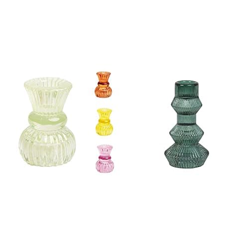 Small Green Glass Candle Holder & Sage Green Ribbed Tall Candle Holder Bundle