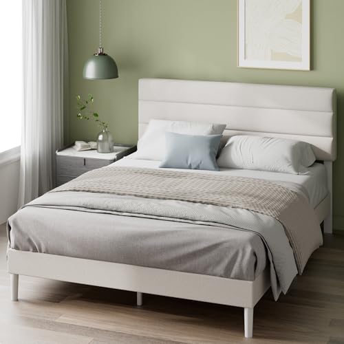 Zinus Piper Double Upholstered Bed Frame with Headboard (135 x 190 cm) – Fabric Bed Frame with Wooden Slat Support, Easy Assembly – Off White