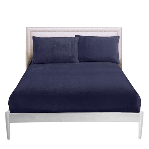 GC GAVENO CAVAILIA 25cm Deep Fleece Fitted Sheet Super King - Soft 100% Polyester Teddy Bear Bedding - Warm & Cozy Elastic Corner Bottom Sheets Navy - Fluffy Super King-Size Bed Sheet, 182x203cm