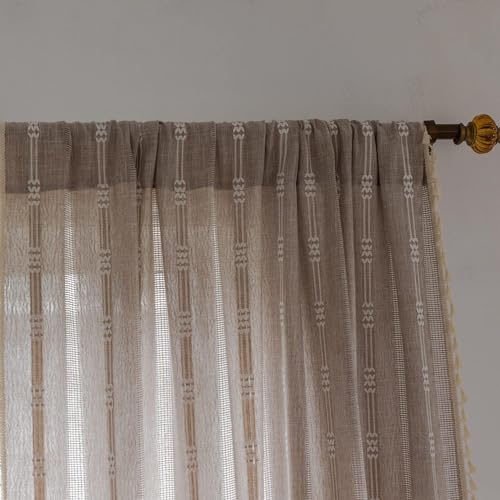 BCLBUSTE Linen Curtains 108'' Long for Living Room, Embroidery Tassel Boho Curtains, Light Filtering Window Drapes, Rod Pocket, 2 Panels Set (52'' W x 108'' L, Khaki)