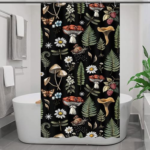 "GOAOK Vintage Mushroom Boho Small Stall Shower Curtain, Magic Fairy Witchy Woodland Nature Plant Shower Curtain Set, Hippie Botanical Floral Aesthetics Fabric Shower Curtain 36""x72"" Black"
