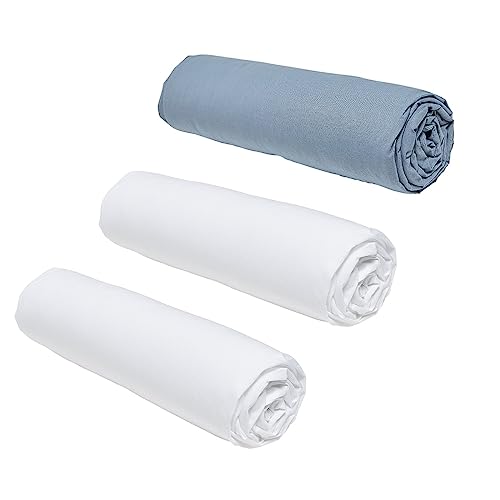 TODAY Essential Set of 3 Fitted Sheets 140 x 190 cm for Double Bed, 100% Cotton, Chalk/Denim