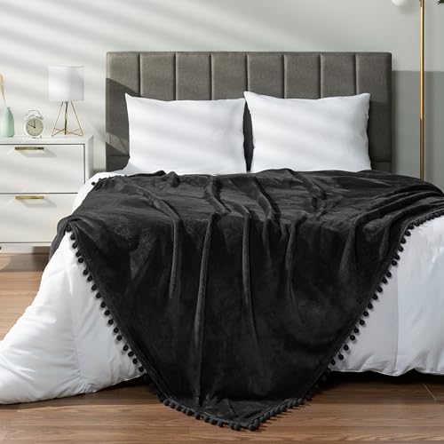 "PAVILIA Fleece Blanket for Couch with Pom Pom Fringe, Soft Cozy Flannel Blanket for Couch Bed, Lightweight Plush Throw Blanket for All Seasons, 60""x80"", Black"