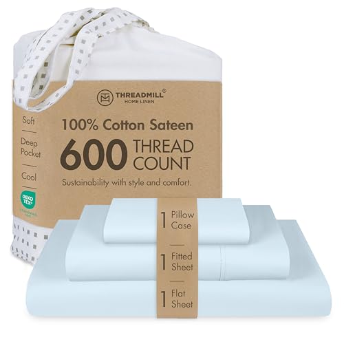 Threadmill Home Linen 600 Thread Count Twin Sheets Sets -100% Extra Long Staple Cotton Sheets for Twin Size Bed, Luxury 3 Piece Bedding Set with Deep Pocket Fitted Sheet, Smooth Solid Sateen, Blue