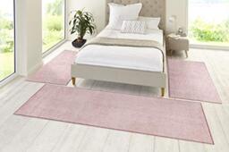 HANSE Home Pure Carpet Bed Border 3-Piece - Bed Rug, Bed Runner, Short Pile, Plain Runner Set for Children's Room, Bedroom, Pink, 2 x 70 x 140 cm, 1 x 70 x 240 cm