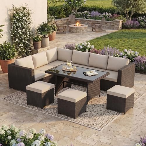 Garden Vida Belgrave 9 Seater Rattan Set - Brown - Complete Outdoor Garden Dining Table Set - Steel Frame & PE Wicker - UKFR Certified - Weather Resistant, Tempered Glass, and with Cushions