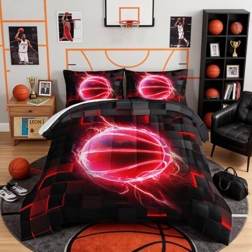 HOSIMA Basketball Comforter Twin Size,Black Red Geometric Background Pattern Cool Extreme Sports Bedding for Kids Boys Room Decor,Basketball Wrapped in Flames Print Comforter with 2 Pillowcases.