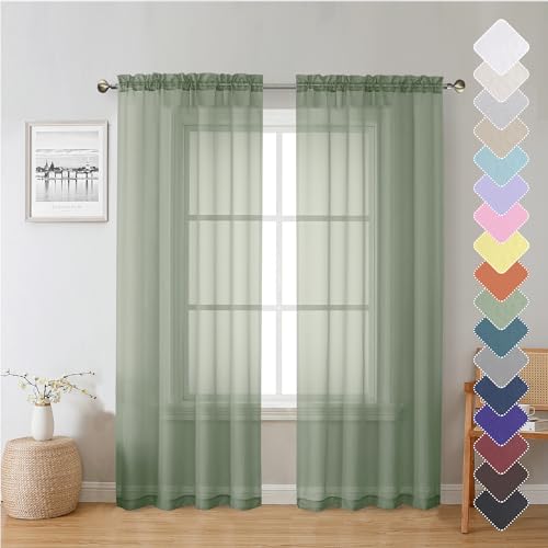 "Lecloud Sage Green Sheer Curtains 72 Inches Long 2 Panels Set, Rustic Voile Window Treatments for Bedroom Living Room, Dual Rod Pocket Window Curtain Drapes for Yard/Patio/Villa/Parlor, 40"" W x 72"" L"