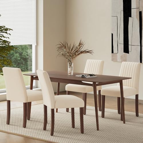 COLAMY Dining Chairs Set of 4 with Thick Seat Cushion, Fabric Chairs for Dining Room with Wood Legs and Ergonomic High Back, Upholstered Kitchen Chair with Anti-Slip Pads, Beige