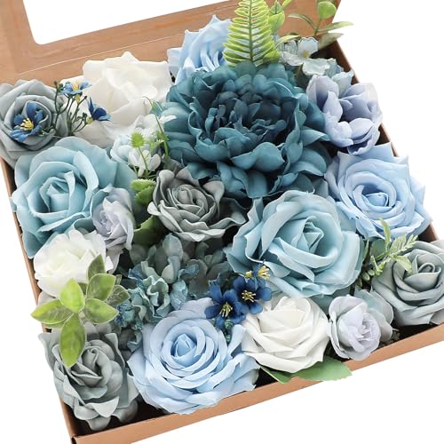Floroom Dusty Blue Artificial Flowers Powder Blue Fake Roses Peony and Greenery Combo Box Set for DIY Wedding Bouquets Bridal Shower Centerpieces Floral Arrangements Party Tables Home Decorations