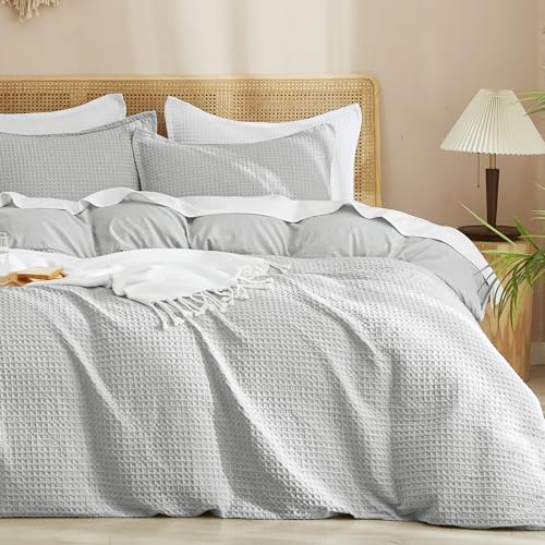 "PHF Waffle Weave Duvet Cover Set Queen Size, No Snagging Ultra Soft Luxury Textured Breathable Comforter Cover for All Season 3pcs, Durable Bedding Duvet Set with 2 Pillow Shams, 90""x90"", Light Grey"