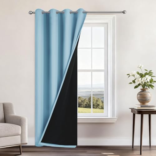 "Yakamok Sky Blue 100% Blackout Curtains 84 Inches Long 52"" Wide 1 Panel - Blackout Curtain Panels for Bedroom, 2 Thick Layers Grommet Top Thermal Insulated Drapes with Black Liner for Living Room"