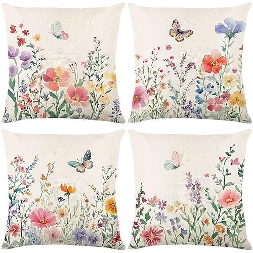 wyooxoo Spring Pillow Covers 18x18 Set of 4 Summer Farmhouse Throw Pillow Covers Floral Butterfly Decorative Cushion Cases for Sofa Couch Patio Bedroom