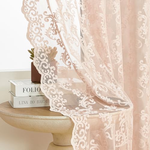 FOLKSIDE Blush Pink Lace Curtains 84 Inches Long 2 Panels Vintage French Floral Sheer Curtains for Living Room Bedroom Victorian Paisley Drapes Rod Pocket Light Filtering Crochet Window Decor, 52x84