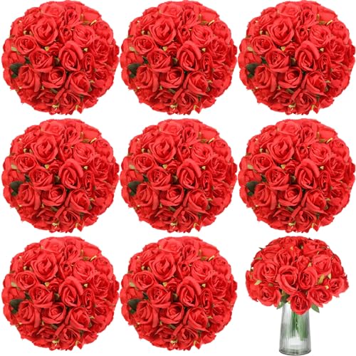 Hoteam 72 Heads Artificial Rose Flowers Bouquet Wedding Gift Silk Flower Arrangement Bouquet with Stem Bridal Bouquet Real Touch Flower Centerpiece for Tables Valentine, 6 Bouquets (Red)