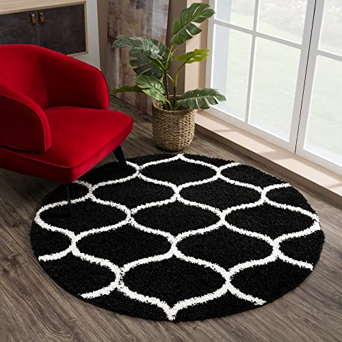 SANAT Madrid Shaggy Rug Round High Pile Rugs for Living Room, Bedroom, Kitchen - Black, Size: 120 cm