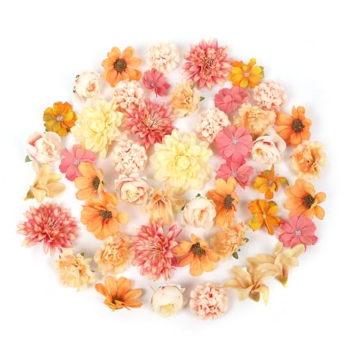 LACGO 48 PCS Faux Flower Heads Mini Artificial Flower Heads Fake Flowers Small Silk Flower Heads for Craft Garland Wedding Party Bridal Baby Shower Home Decoration DIY Cake Decor(Orange)