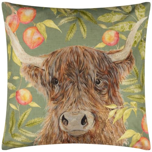 Evans Lichfield Grove Highland Cow Outdoor Cushion Cover, Olive, 43 x 43cm