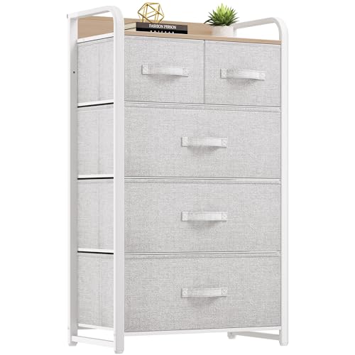 YITAHOME Narrow Chest of Drawers with 5 drawers, Fabric Drawers Cabinet with Easy Pull Handle,Sturdy Steel Frame,Storage Drawers for Bedroom, Closet, Clothes, Light Grey