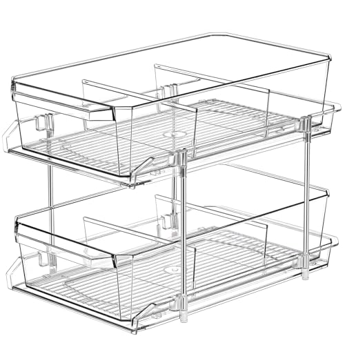 2 Tier Clear Organizer with Dividers for Cabinet/Counter, MultiUse Slide-Out Storage Container - Kitchen, Pantry, Medicine Cabinet Storage Bins - Bathroom, Vanity Makeup, Under Sink Organizing Tray