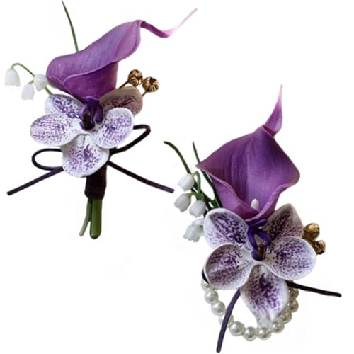 MAFELOE 2 Pieces Corsage and Boutonniere Set, Artificial Calla Lily& Orchid Flowers Accessories Decorations for Wedding Prom Party Celebration Suit- Purple (W4-X2-LL)