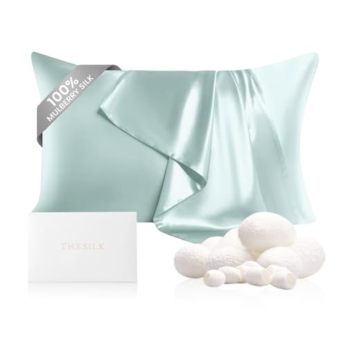 "THXSILK 100% Mulberry Silk Pillowcase for Hair and Skin, Grade 6A+ Mulberry Silk Pillow Case 22 Momme, Hypoallergenic Pillow Case Cover with Zipper, 1pc (Queen 20""x30"", Light Blue)"