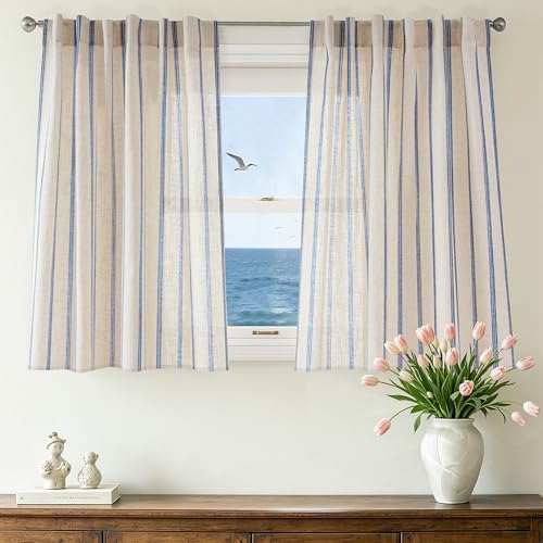 DriftAway Farmhouse Vertical Striped Linen Blend Textured Light Filtering Semi Sheer Curtains for Living Room Bedroom 36 Inches Long Drapes 2 Panels Linen Navy