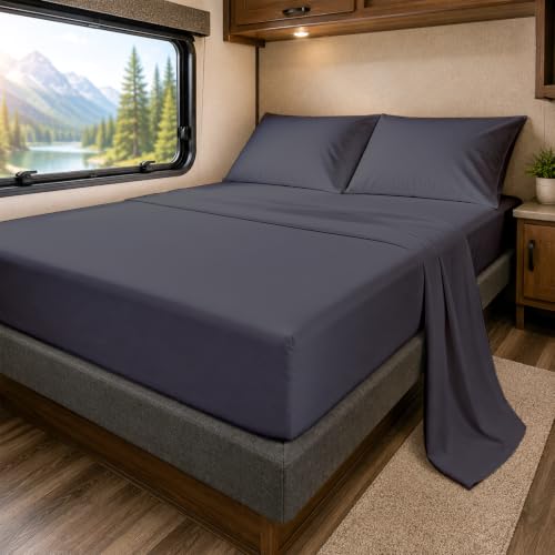 SlumberWell 4 Piece Luxury Soft Microfiber Fitted Bed Sheet Set for Campers, 8 to 12 Inch Deep Pocket, RV Camper King 70 x 80, Dark Grey