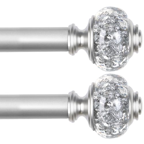 USFOOK 2 Pack Silver Curtain Rods for Windows 48 to 84 Inch, 7/8 inch Telescoping Splicing Drapery Rods 32 to 86 Inch, Decoration for Home with Decorative Translucent Finials