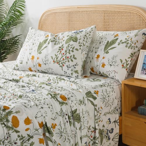 Zusbest Full Size Sheets 100% Percale Cotton Green Floral Bed Sheet Set Yellow Flower & Green Leaves Botanical Pattern Printed on White Garden Luxury Crisp Soft Deep Pocket Fitted Sheet 17.5'' 4Pcs