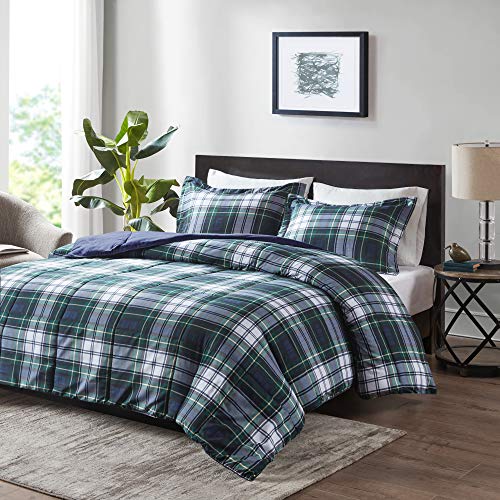 Madison Park Plaid Comforter, Matching Sham, 3M Scotchguard Stain Release Cover, Hypoallergenic All Season Bedding-Set, Microfiber, Navy, Full/Queen